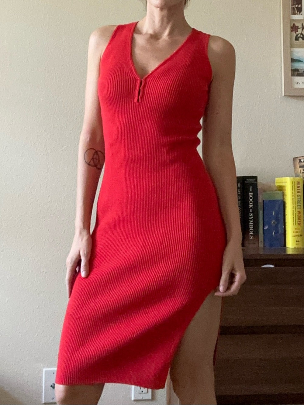 Willow & Wind Red Ribbed Knit Bodycon Midi Dress Hook Eye
